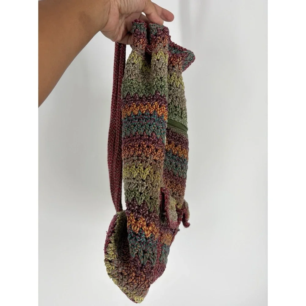 The Sak Boho Crochet Knit Backpack Bag Multicolor Striped Drawstring Purse